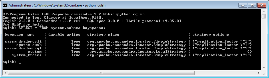 Résultat de la récupération des keyspaces avec CQLSH