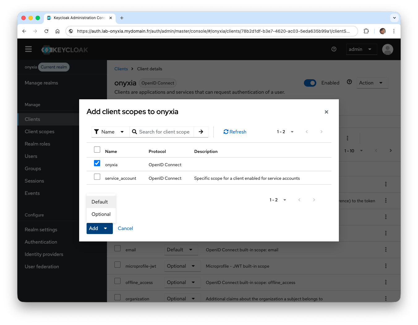 Ajout d'un client scope à un client