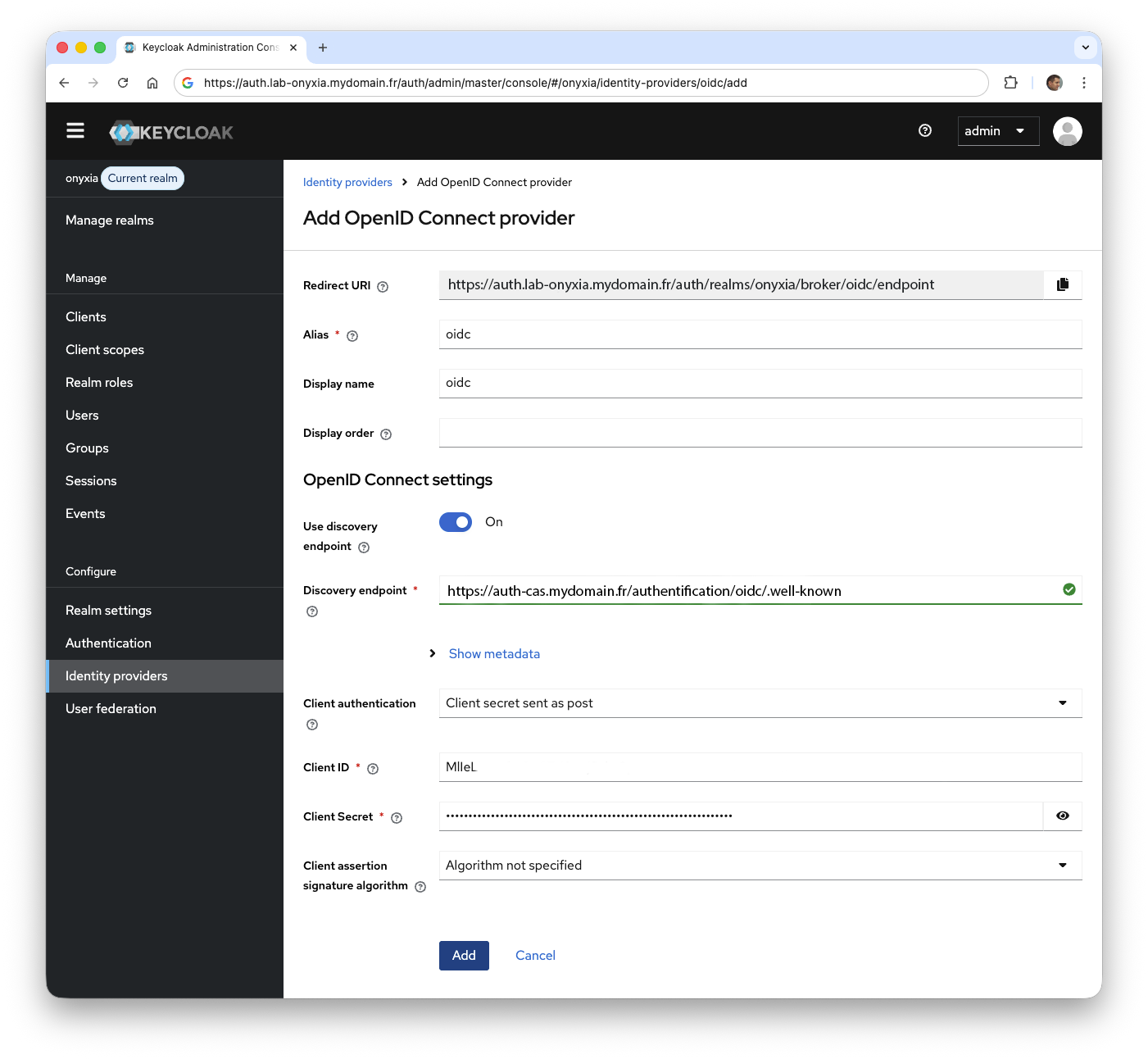 Compléter les informations du fournisseur OIDC