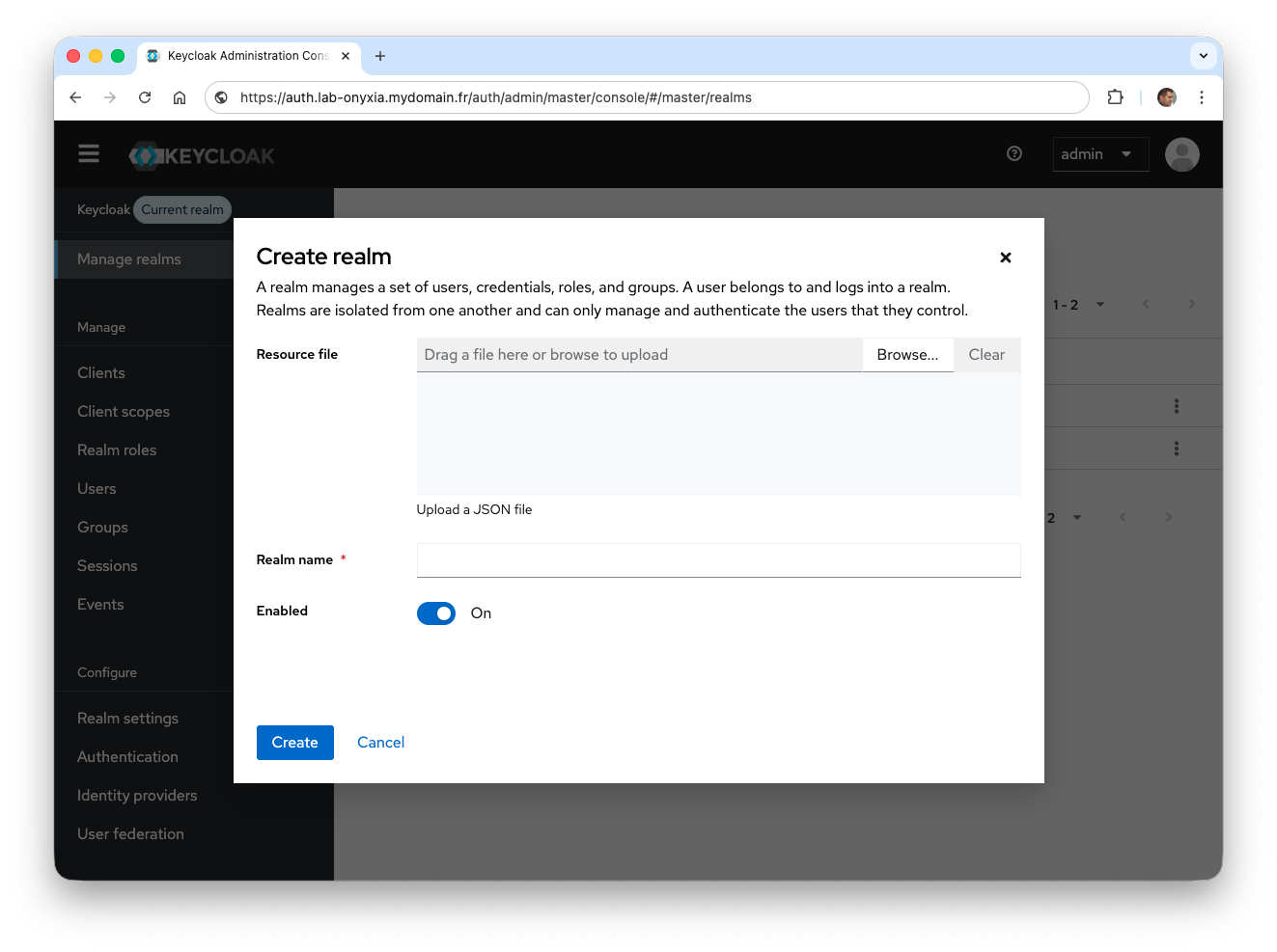 Création d'un realm onyxia