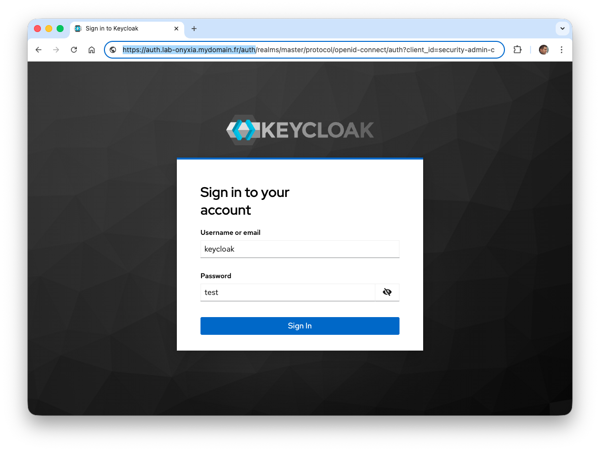 Connexion à Keycloak après l'installation
