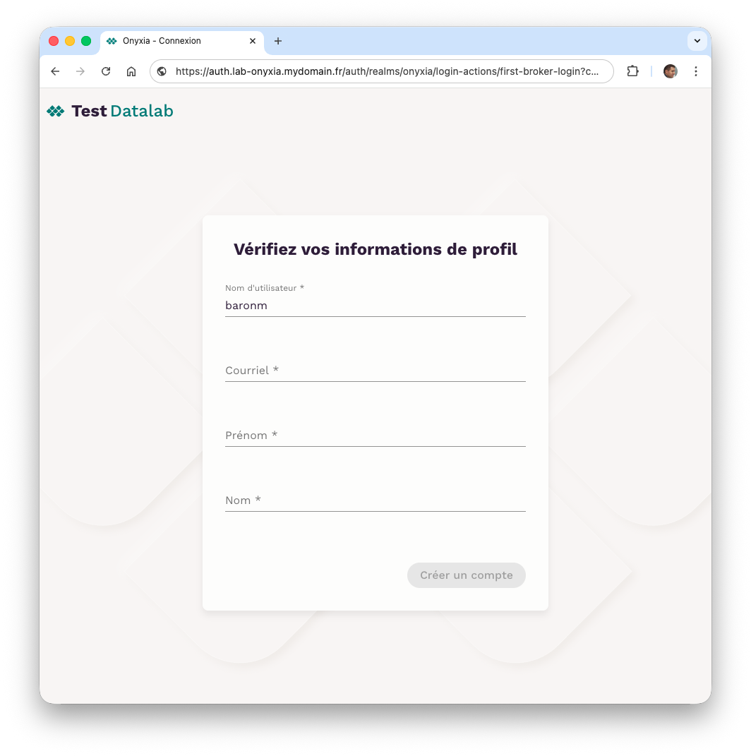 Formulaire pour compléter les informations de l'utilisateur