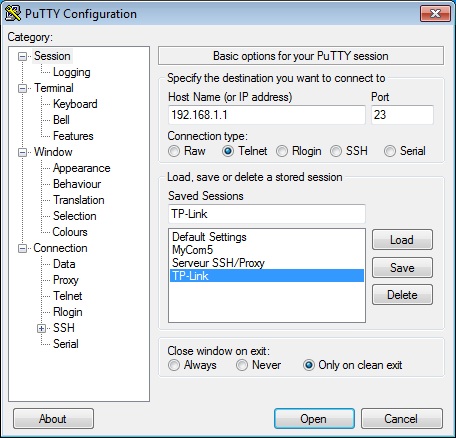 Configuration Telnet avec Putty